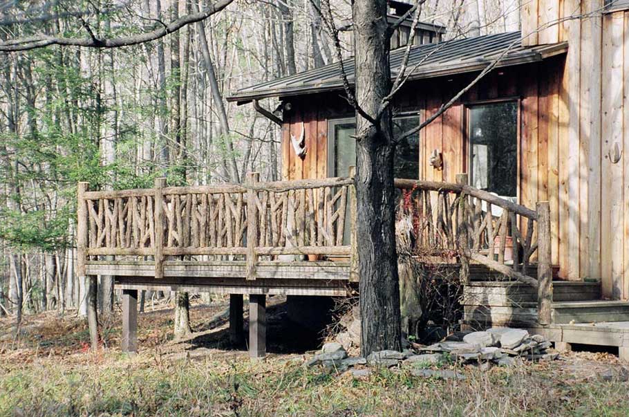 Rustic deck railings built using bark-on trees and branches titled Meyerson Rails