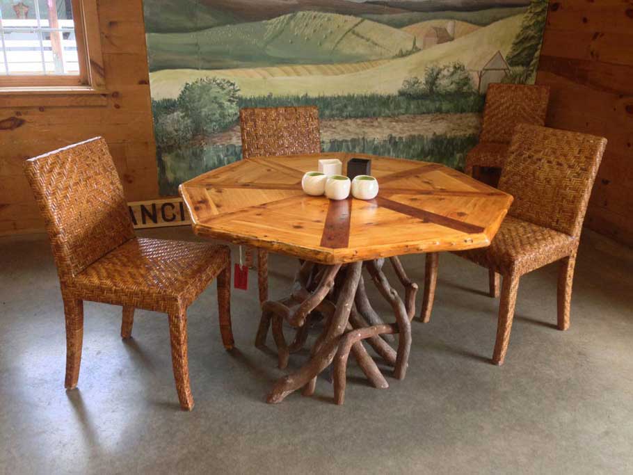 An interior table built with eastern red cedar boards and mountain laurel