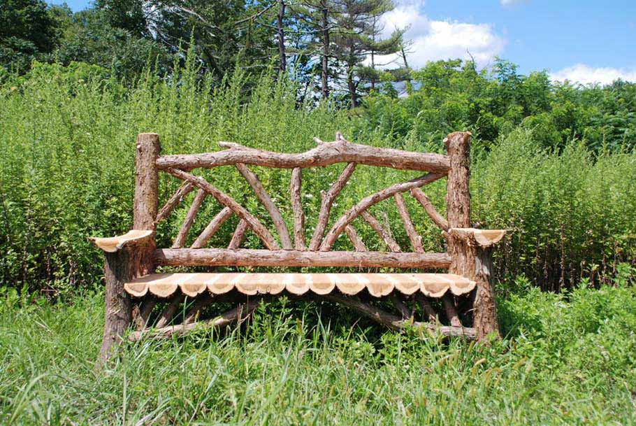 Natural wood bench built with trees and branches titled the Taconic